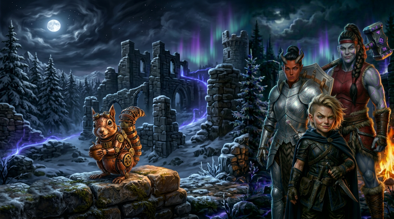 Wardens of Caerhalden landscape artwork featuring Pip and the main cast